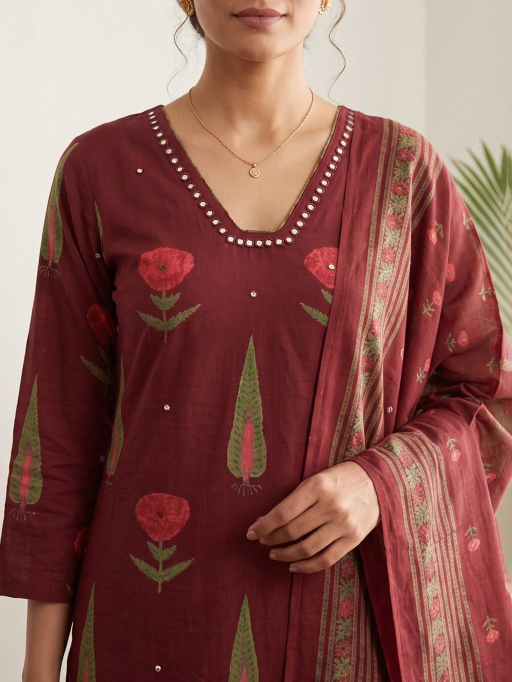 Red Embroidery Cotton Blend Kurta With Pant & Dupatta