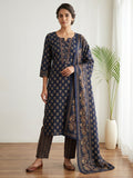 Blue Embroidery Cotton Blend Kurta With Pant & Dupatta