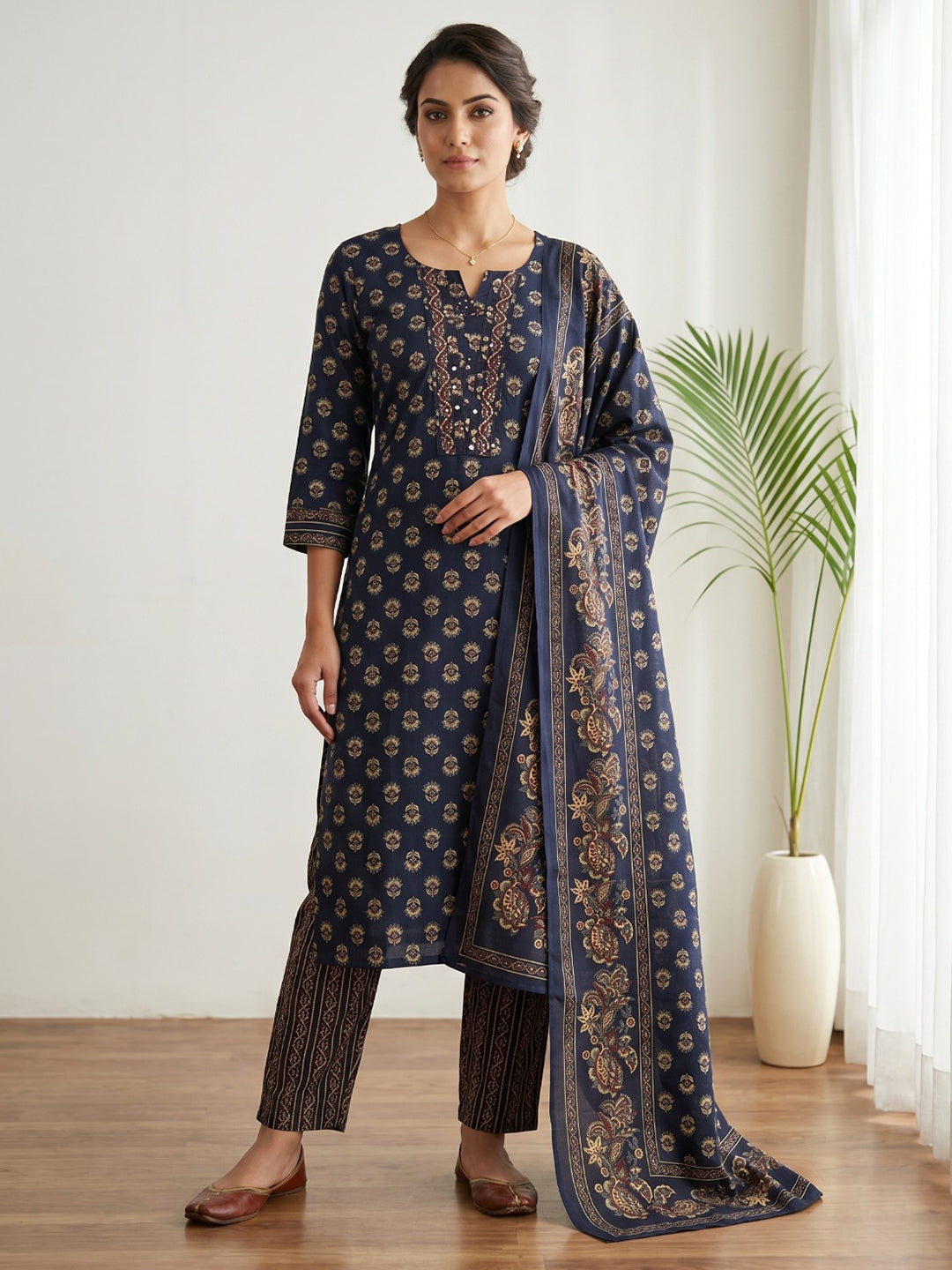 Blue Embroidery Cotton Blend Kurta With Pant & Dupatta
