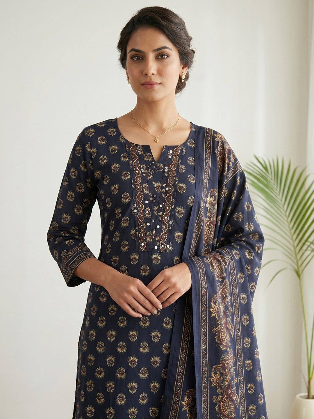 Blue Embroidery Cotton Blend Kurta With Pant & Dupatta