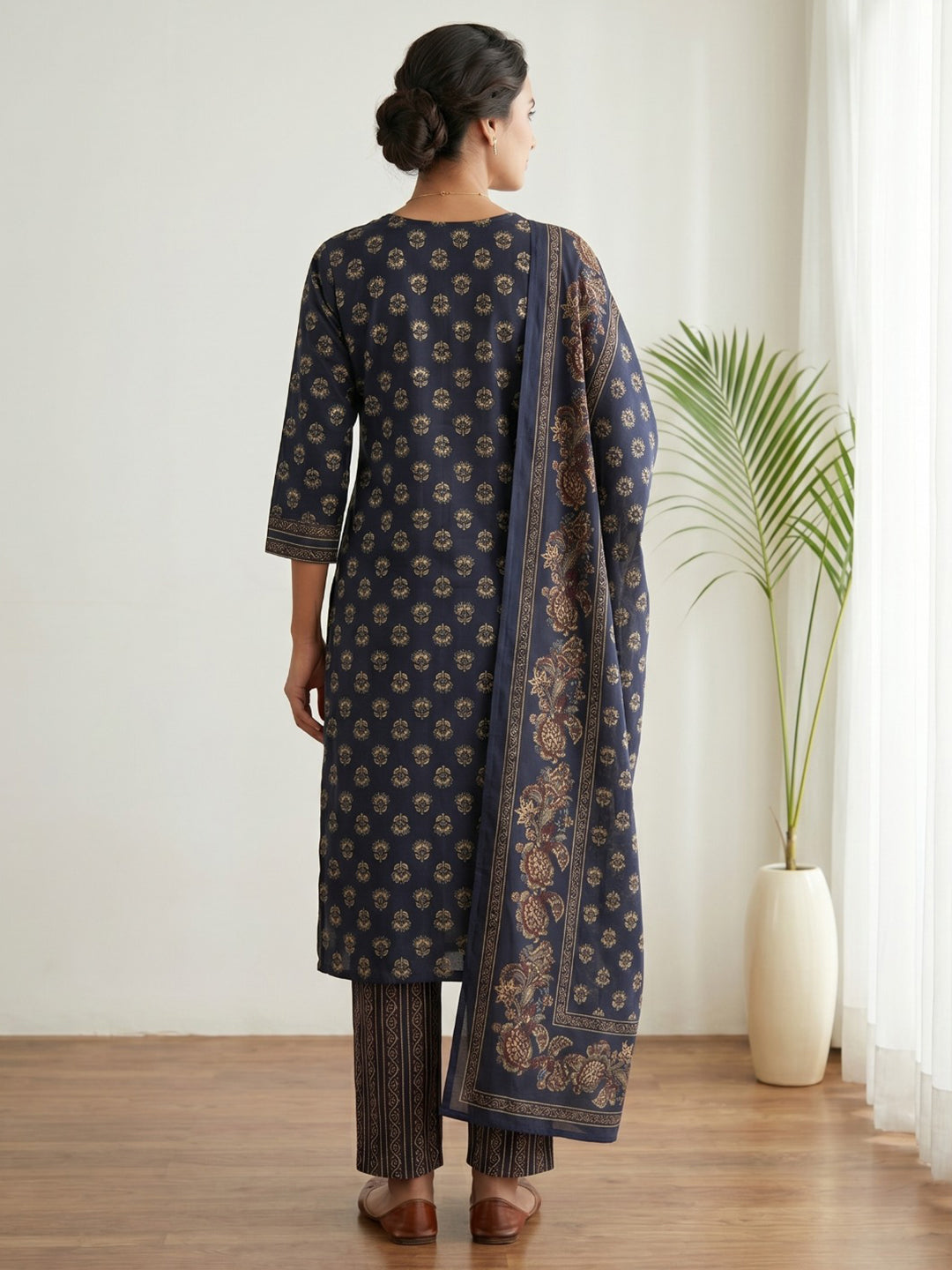 Blue Embroidery Cotton Blend Kurta With Pant & Dupatta
