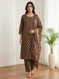 Brown Printed Cotton Blend Kurta With Pant & Dupatta