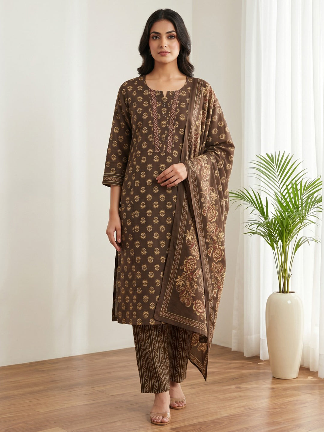 Brown Printed Cotton Blend Kurta With Pant & Dupatta