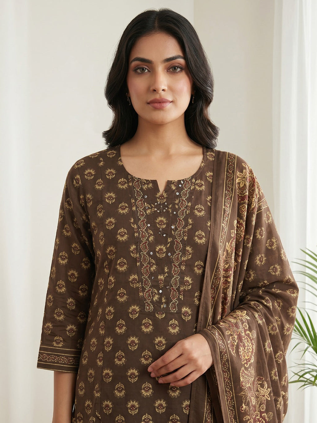 Brown Printed Cotton Blend Kurta With Pant & Dupatta