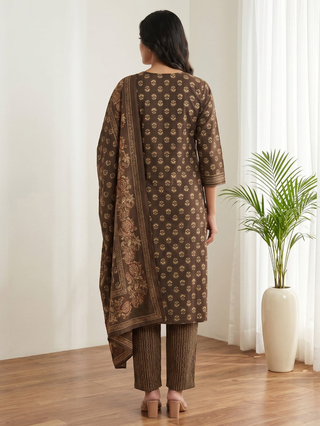Brown Printed Cotton Blend Kurta With Pant & Dupatta