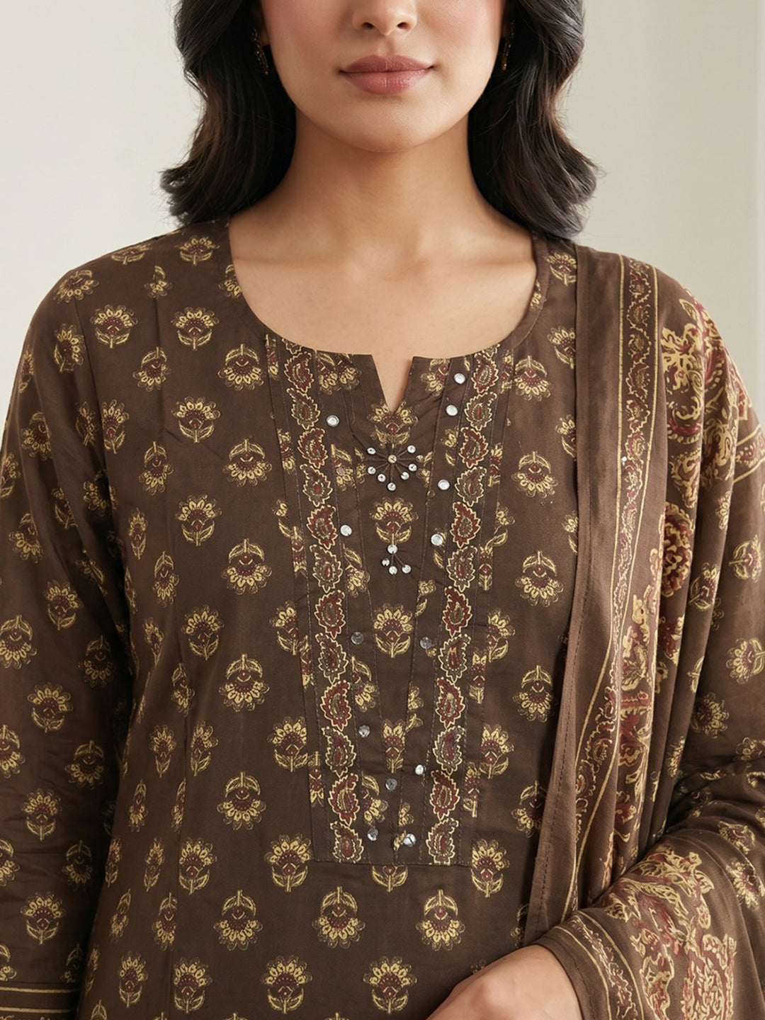 Brown Printed Cotton Blend Kurta With Pant & Dupatta