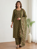 Green Printed Cotton Blend Kurta With Pant & Dupatta