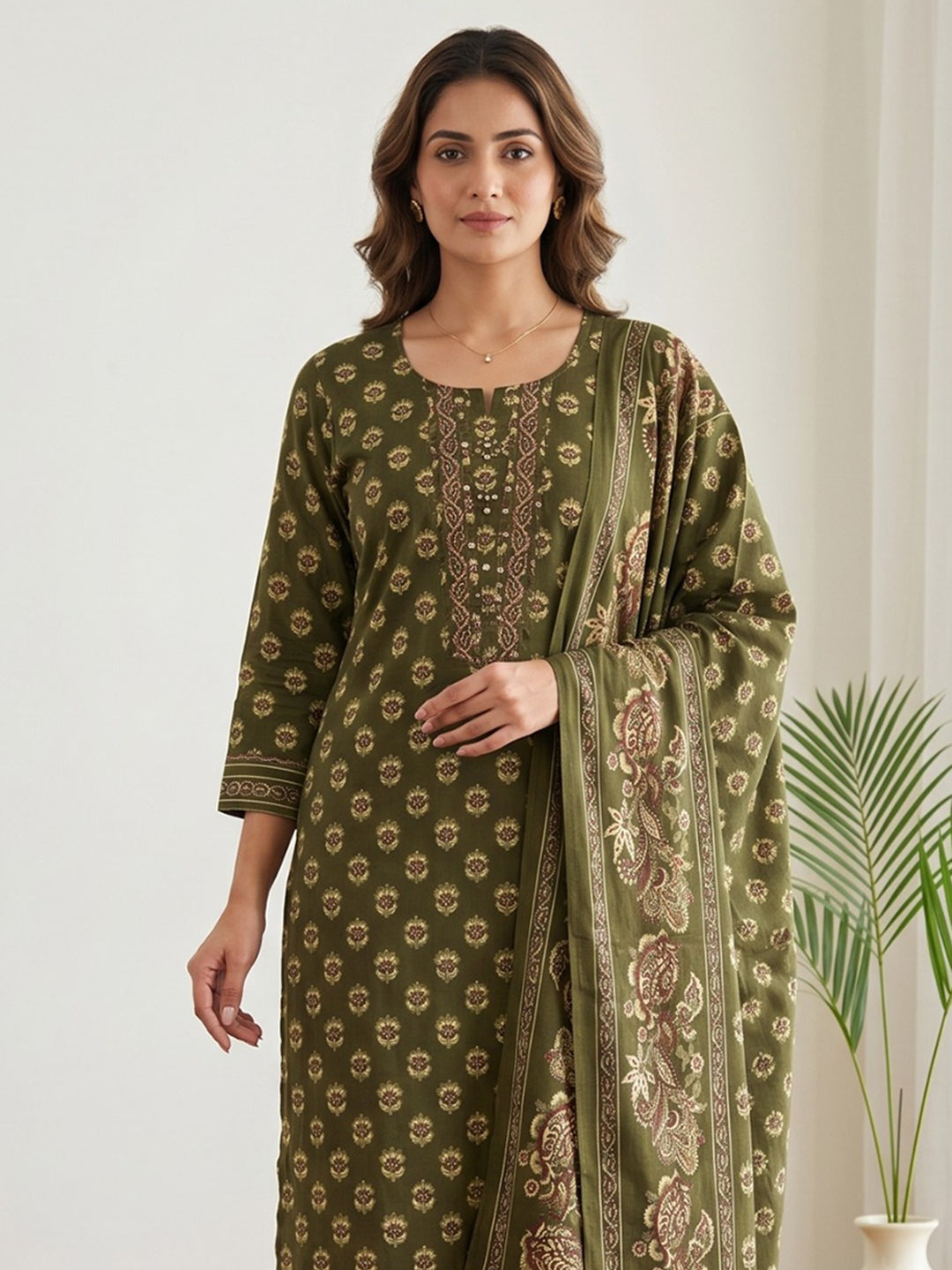 Green Printed Cotton Blend Kurta With Pant & Dupatta