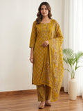 Yellow Printed Cotton Blend Kurta With Pant & Dupatta