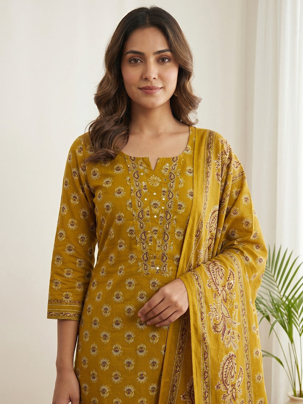 Yellow Printed Cotton Blend Kurta With Pant & Dupatta