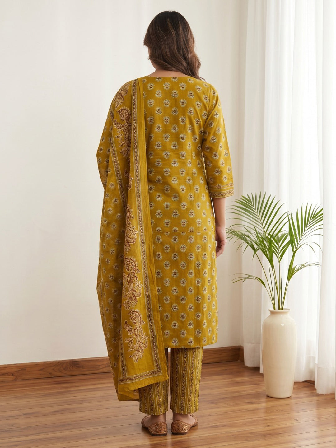 Yellow Printed Cotton Blend Kurta With Pant & Dupatta