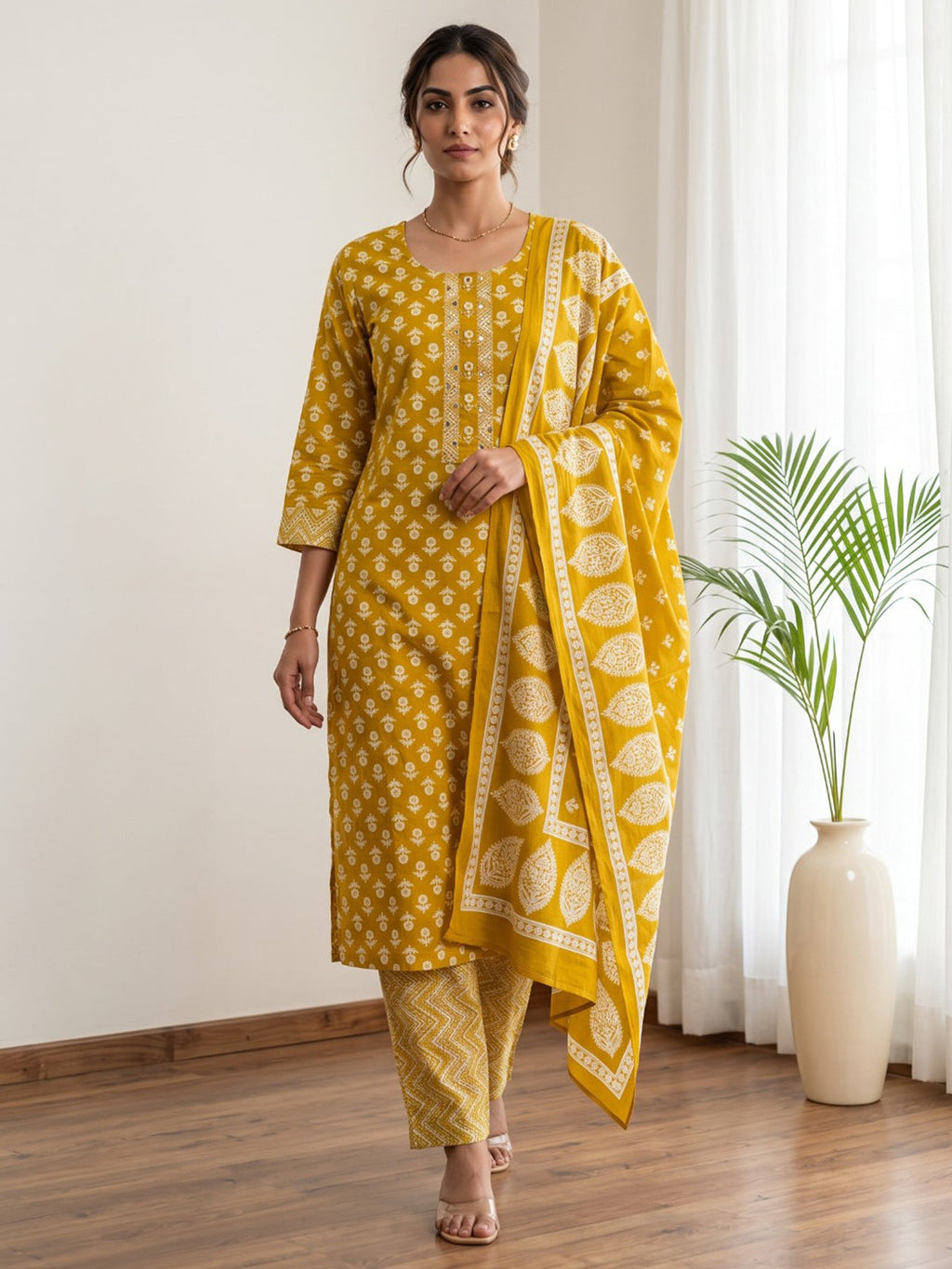 Mustard Printed Cotton Blend Kurta With Pant & Dupatta