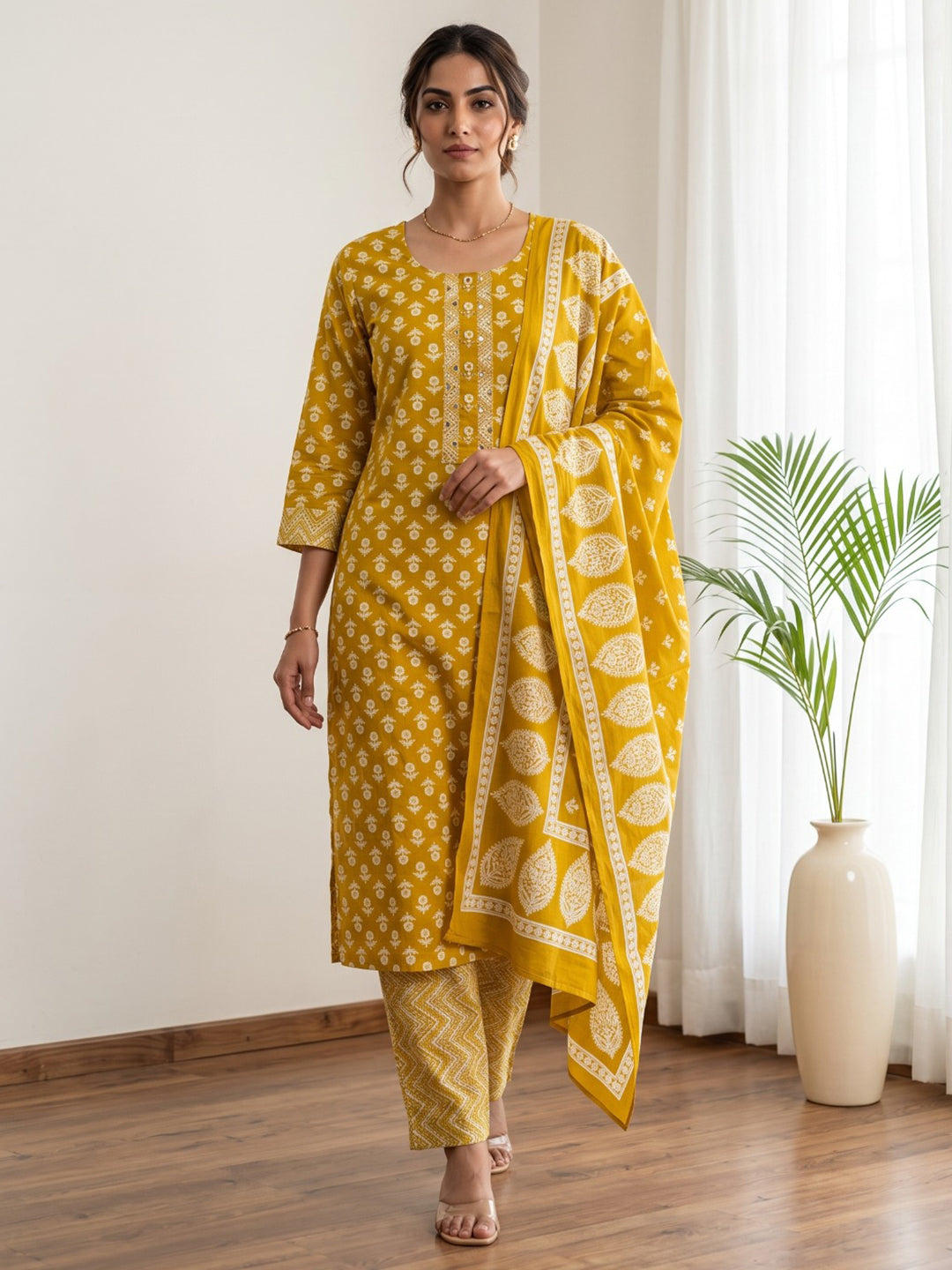 Mustard Printed Cotton Blend Kurta With Pant & Dupatta