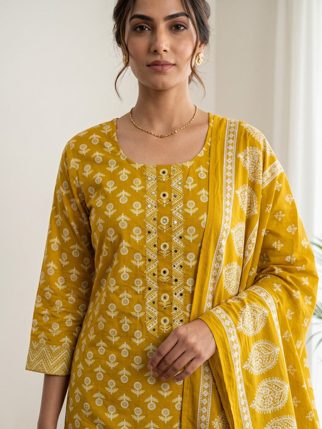 Mustard Printed Cotton Blend Kurta With Pant & Dupatta
