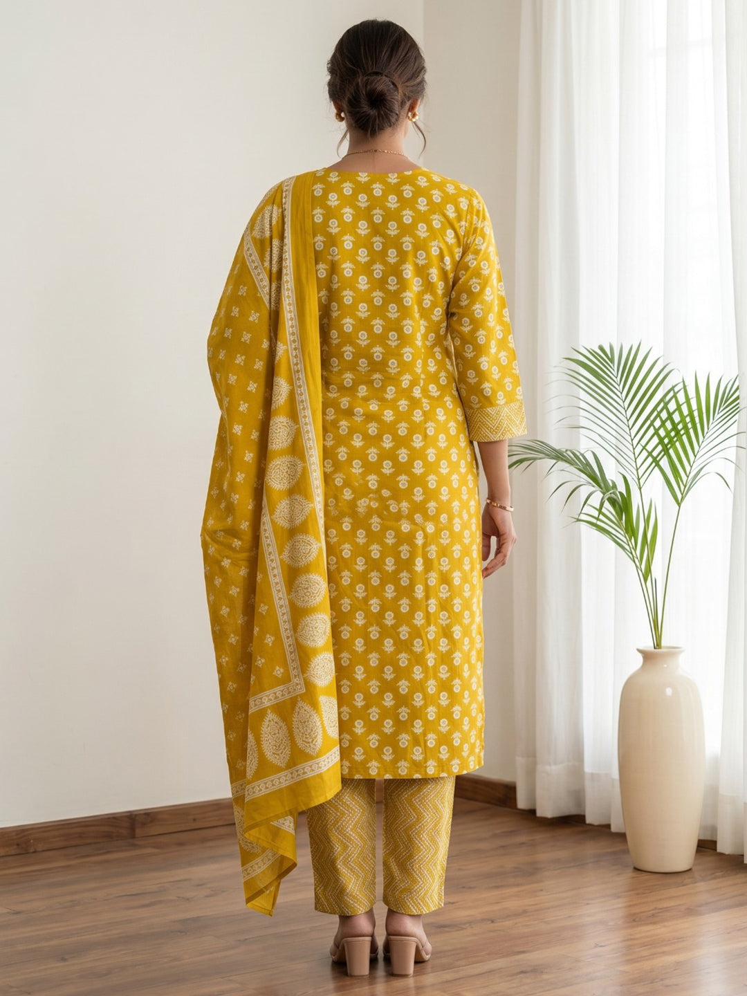 Mustard Printed Cotton Blend Kurta With Pant & Dupatta