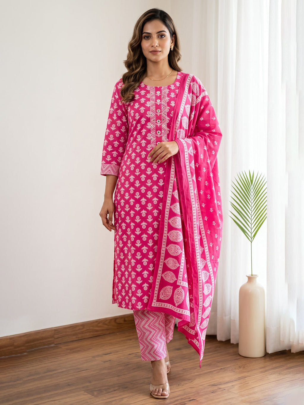 Pink Printed Cotton Blend Kurta With Pant & Dupatta