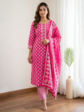 Pink Printed Cotton Blend Kurta With Pant & Dupatta