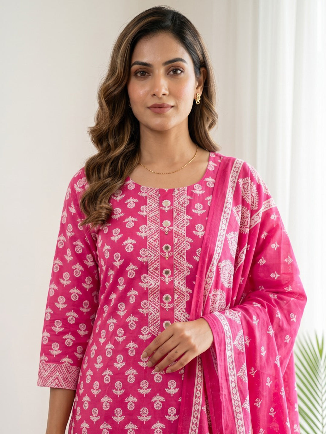 Pink Printed Cotton Blend Kurta With Pant & Dupatta