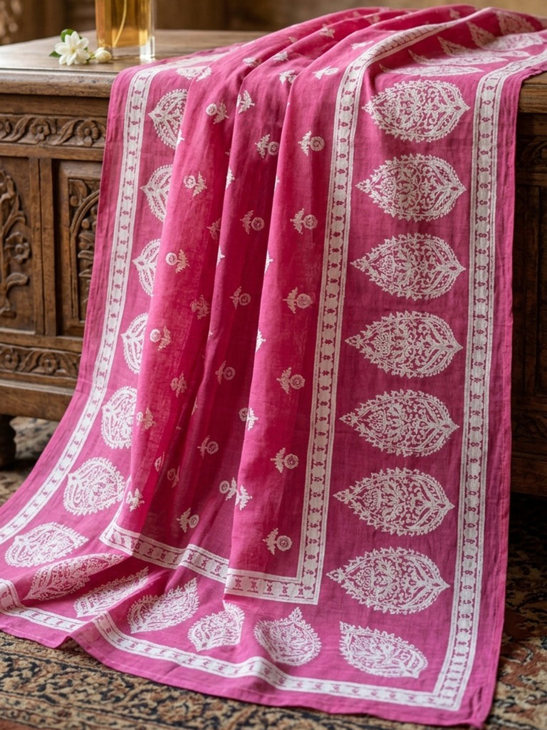 Pink Printed Cotton Blend Kurta With Pant & Dupatta