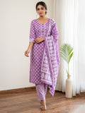 Purple Printed Cotton Blend Kurta With Pant & Dupatta