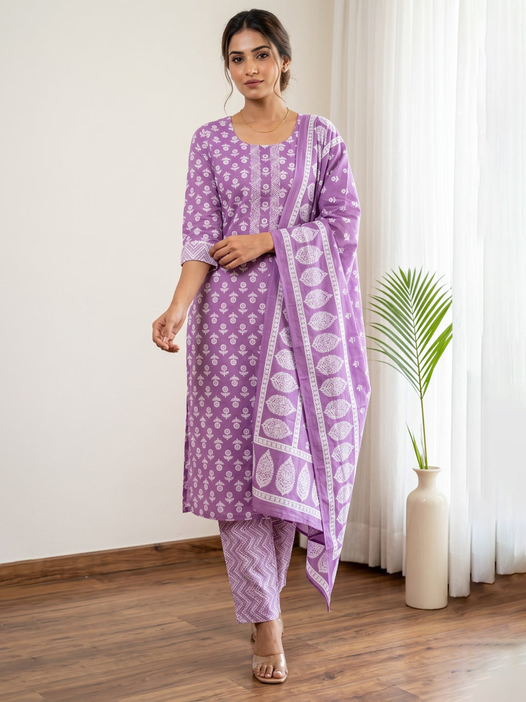 Purple Printed Cotton Blend Kurta With Pant & Dupatta
