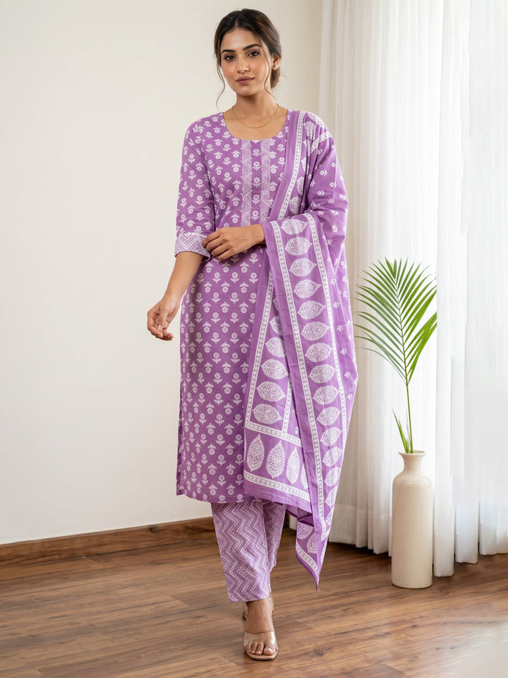 Purple Printed Cotton Blend Kurta With Pant &amp; Dupatta
