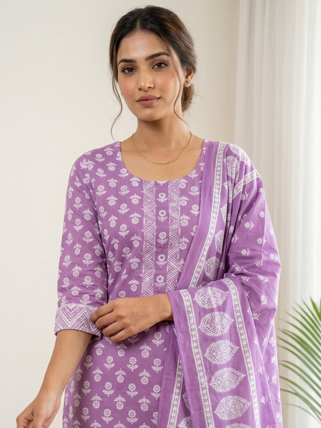 Purple Printed Cotton Blend Kurta With Pant & Dupatta