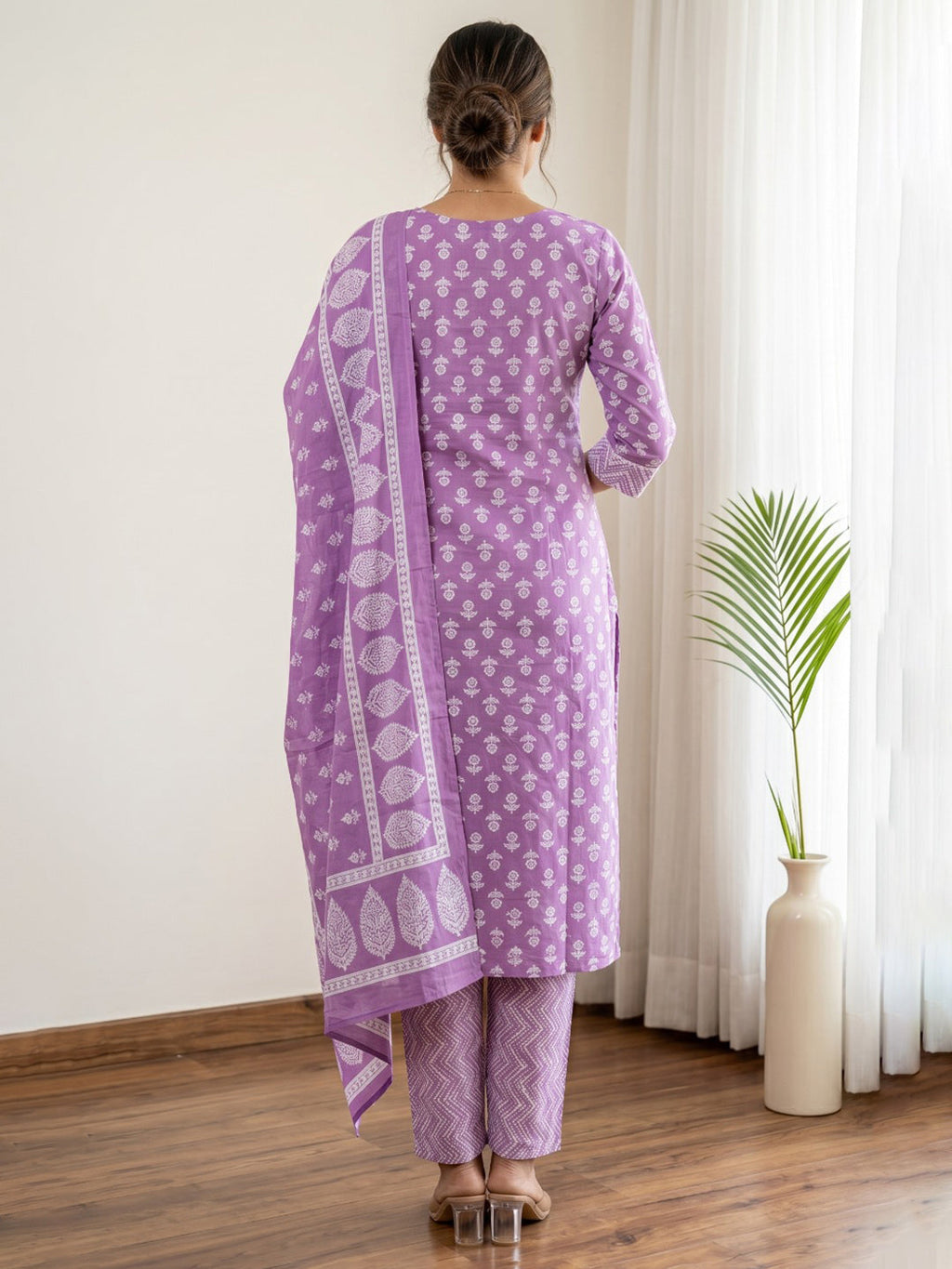 Purple Printed Cotton Blend Kurta With Pant & Dupatta