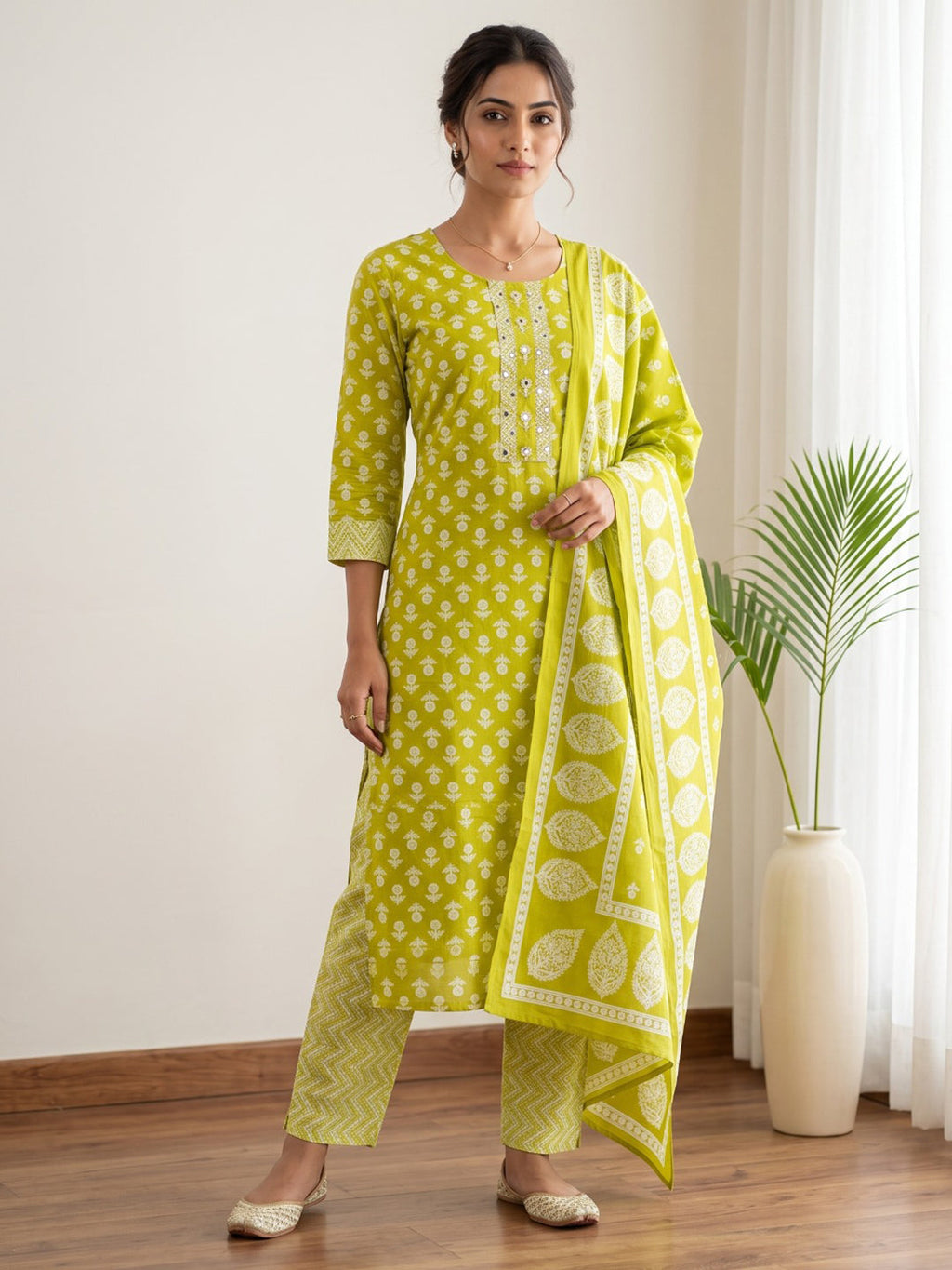 Yellow Printed Cotton Blend Kurta With Pant & Dupatta