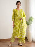 Yellow Printed Cotton Blend Kurta With Pant & Dupatta
