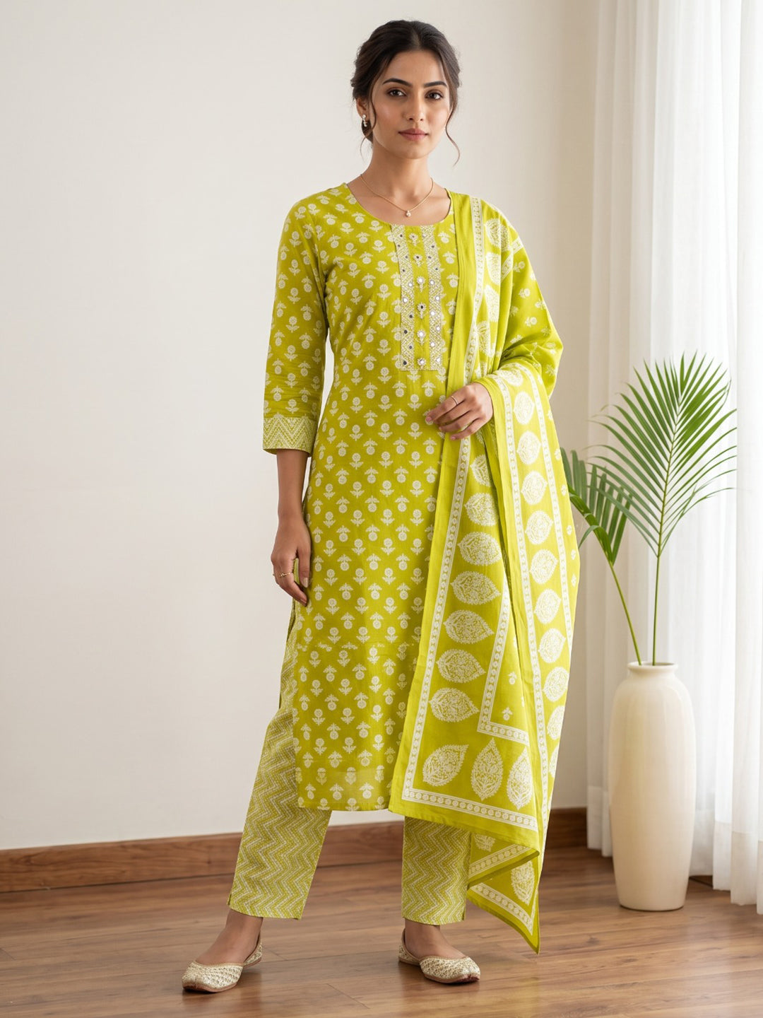 Yellow Printed Cotton Blend Kurta With Pant & Dupatta