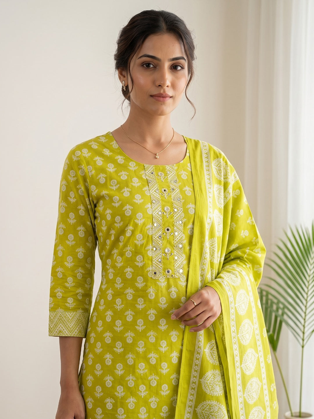 Yellow Printed Cotton Blend Kurta With Pant & Dupatta