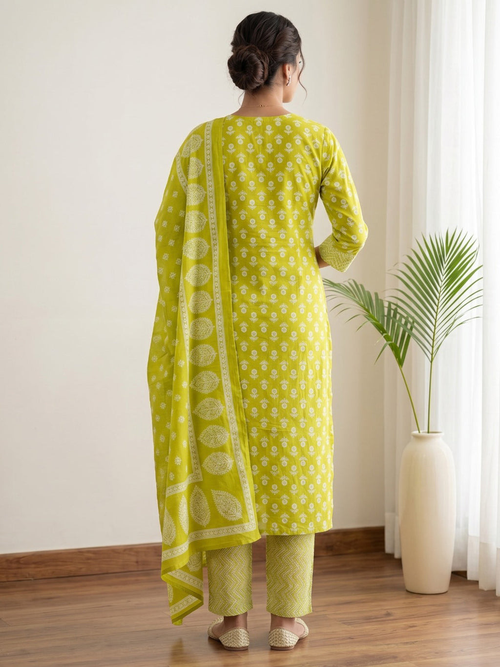 Yellow Printed Cotton Blend Kurta With Pant & Dupatta
