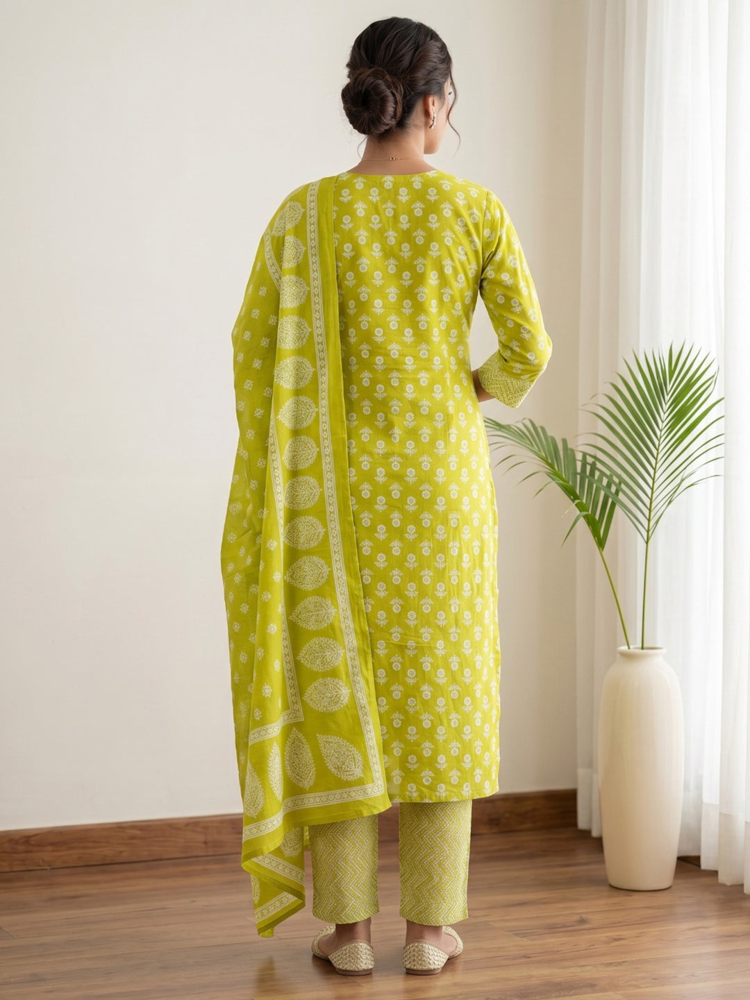 Yellow Printed Cotton Blend Kurta With Pant & Dupatta