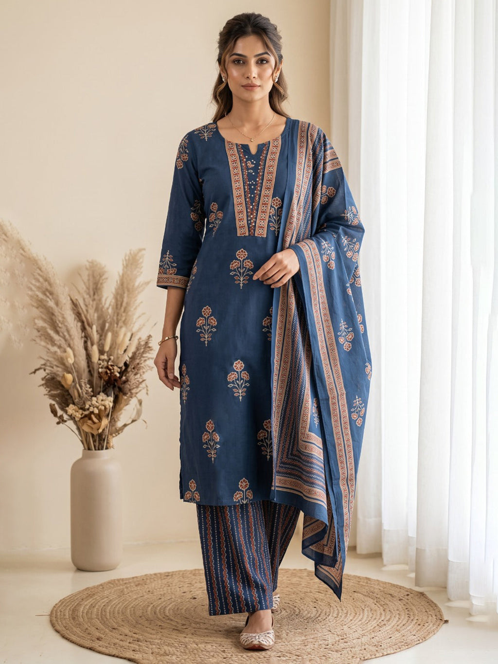 Blue Printed Cotton Blend Kurta With Pant & Dupatta