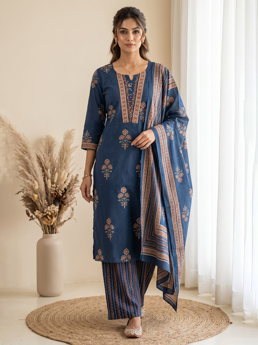 Blue Printed Cotton Blend Kurta With Pant & Dupatta