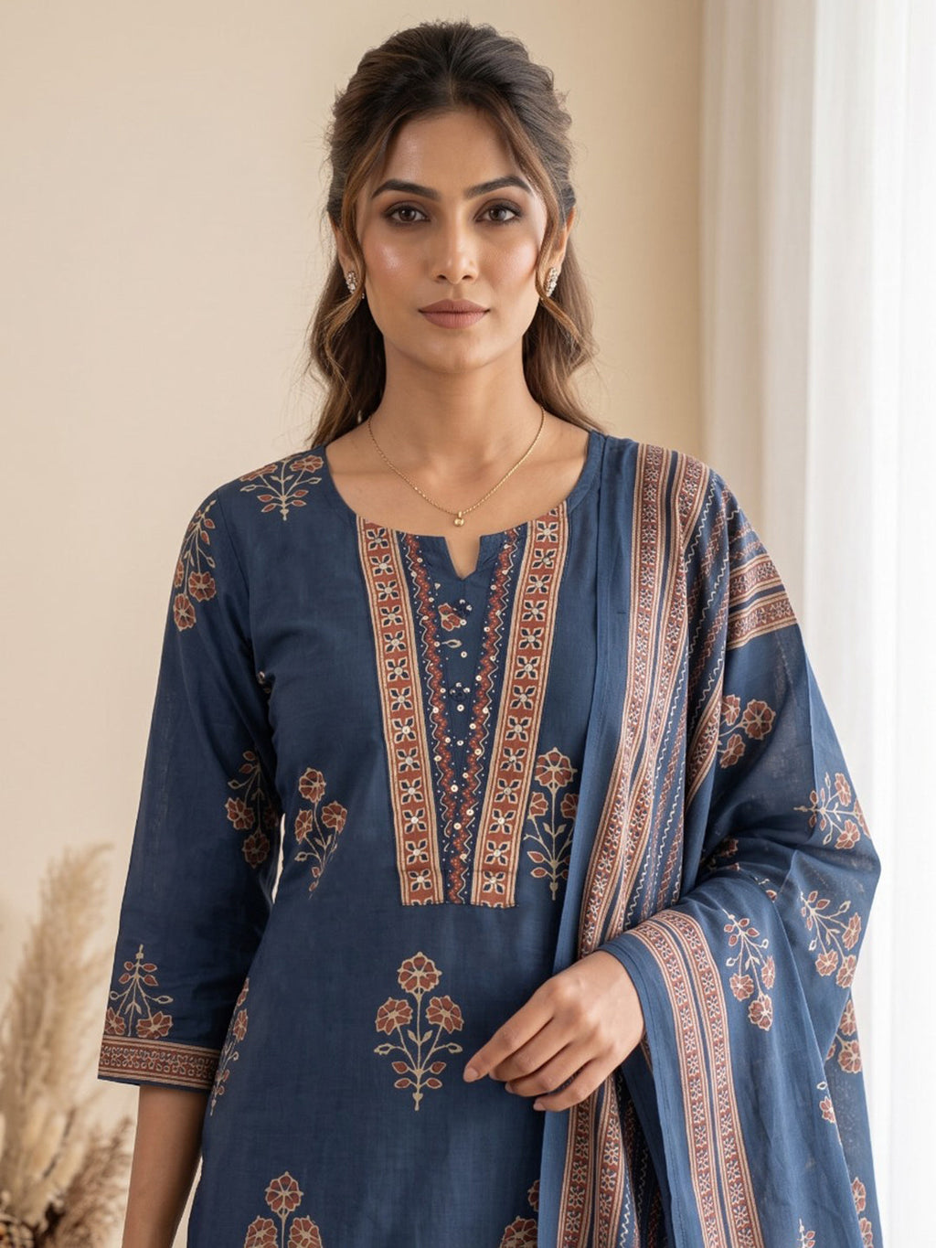 Blue Printed Cotton Blend Kurta With Pant & Dupatta