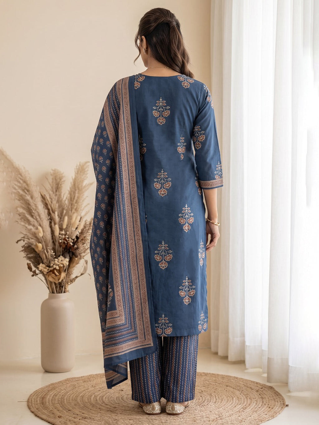 Blue Printed Cotton Blend Kurta With Pant & Dupatta