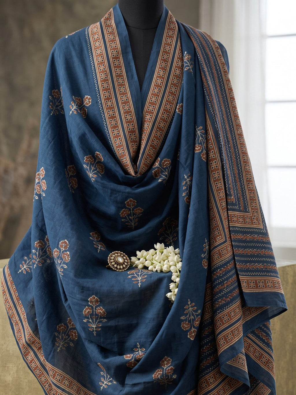 Blue Printed Cotton Blend Kurta With Pant & Dupatta