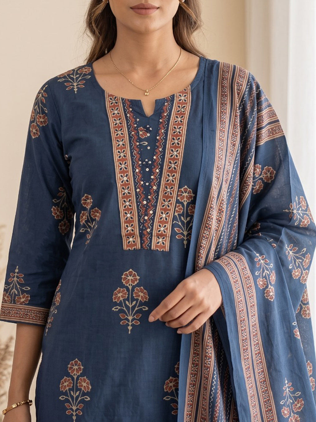 Blue Printed Cotton Blend Kurta With Pant & Dupatta