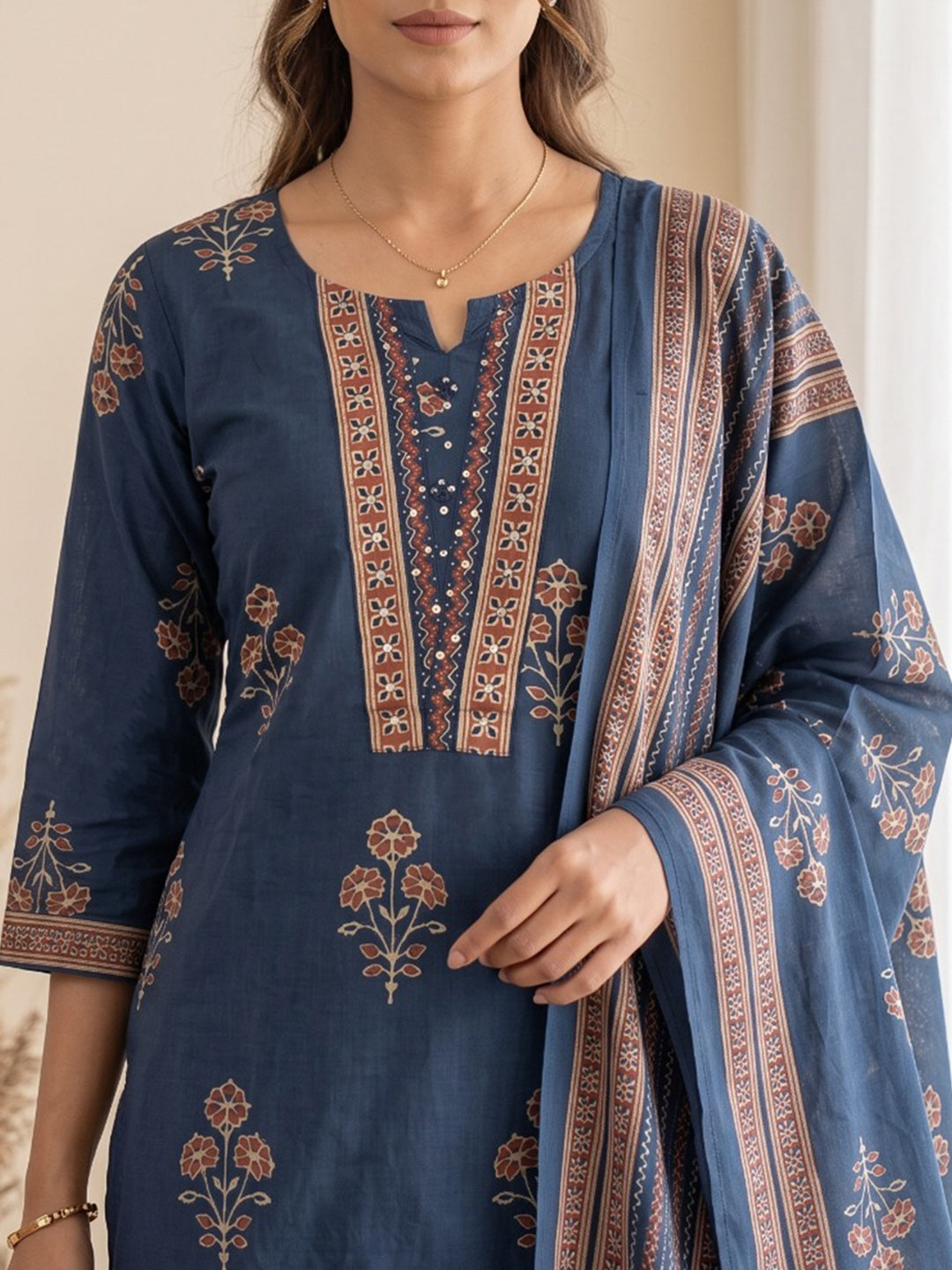 Blue Printed Cotton Blend Kurta With Pant & Dupatta