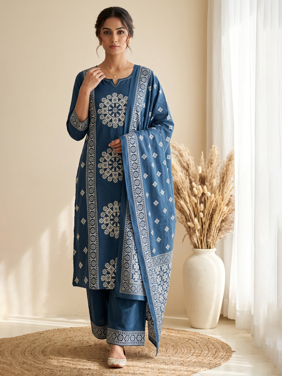 Blue Embroidery Cotton Blend Kurta With Pant & Dupatta