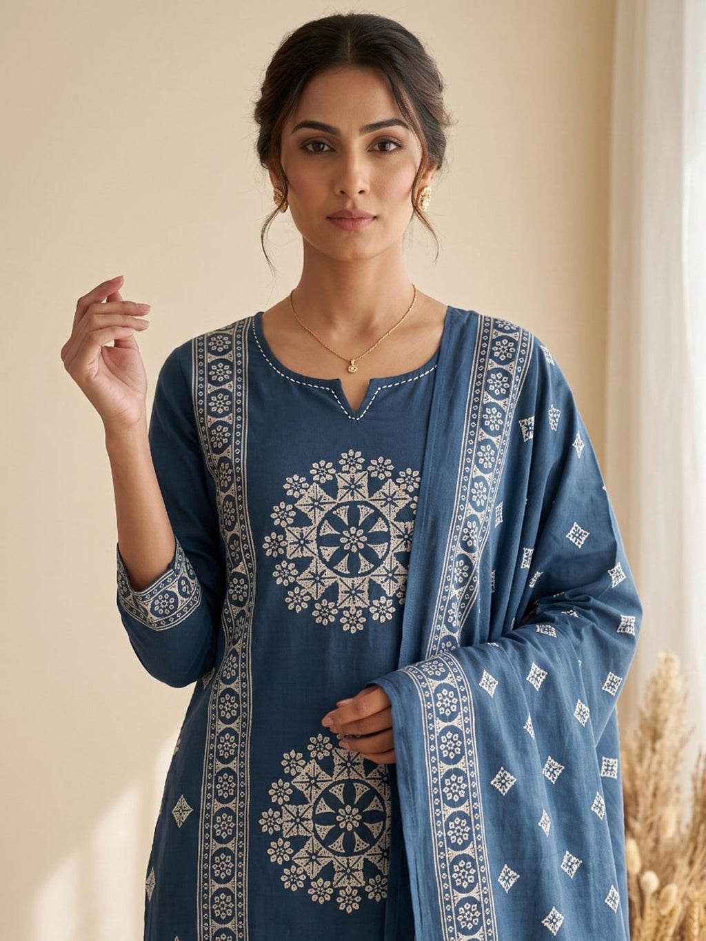 Blue Embroidery Cotton Blend Kurta With Pant & Dupatta