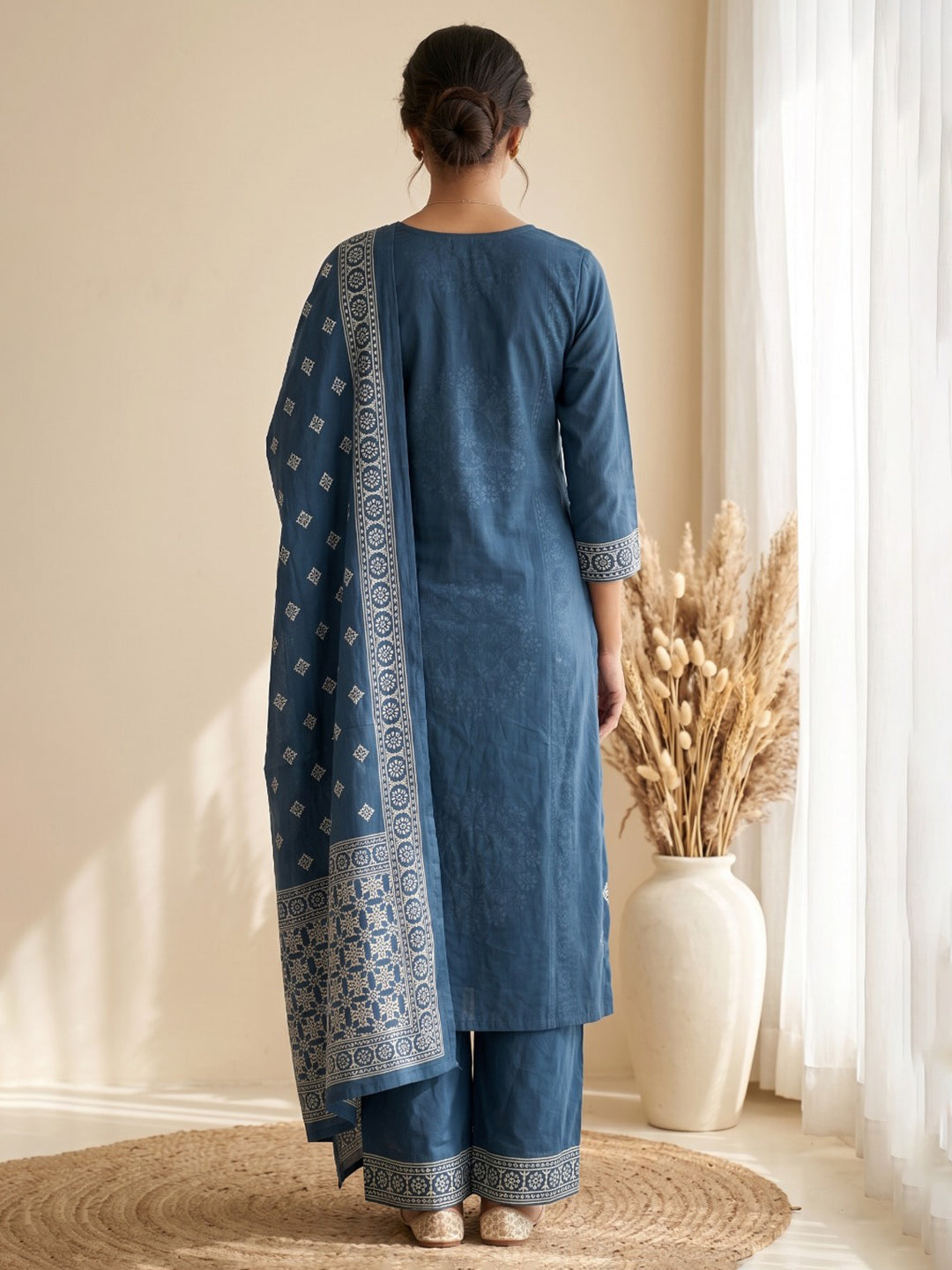 Blue Embroidery Cotton Blend Kurta With Pant & Dupatta