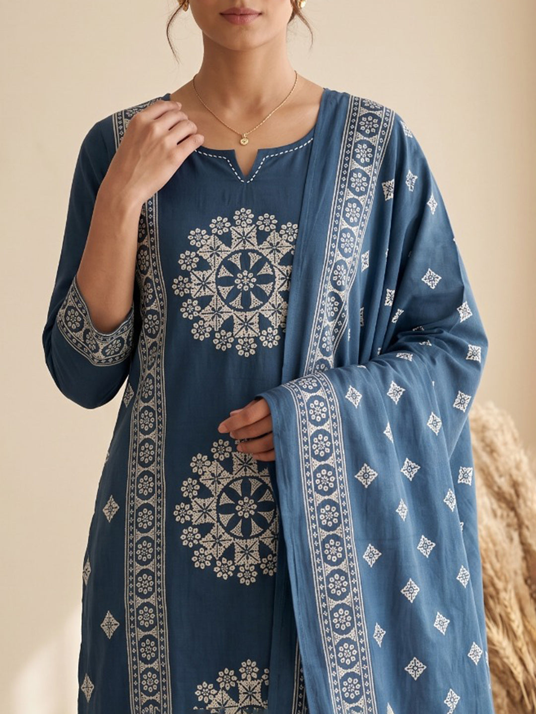 Blue Embroidery Cotton Blend Kurta With Pant & Dupatta