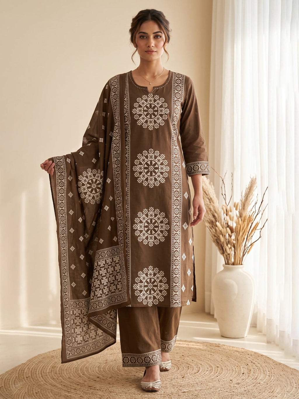 Brown Embroidery Cotton Blend Kurta With Pant & Dupatta