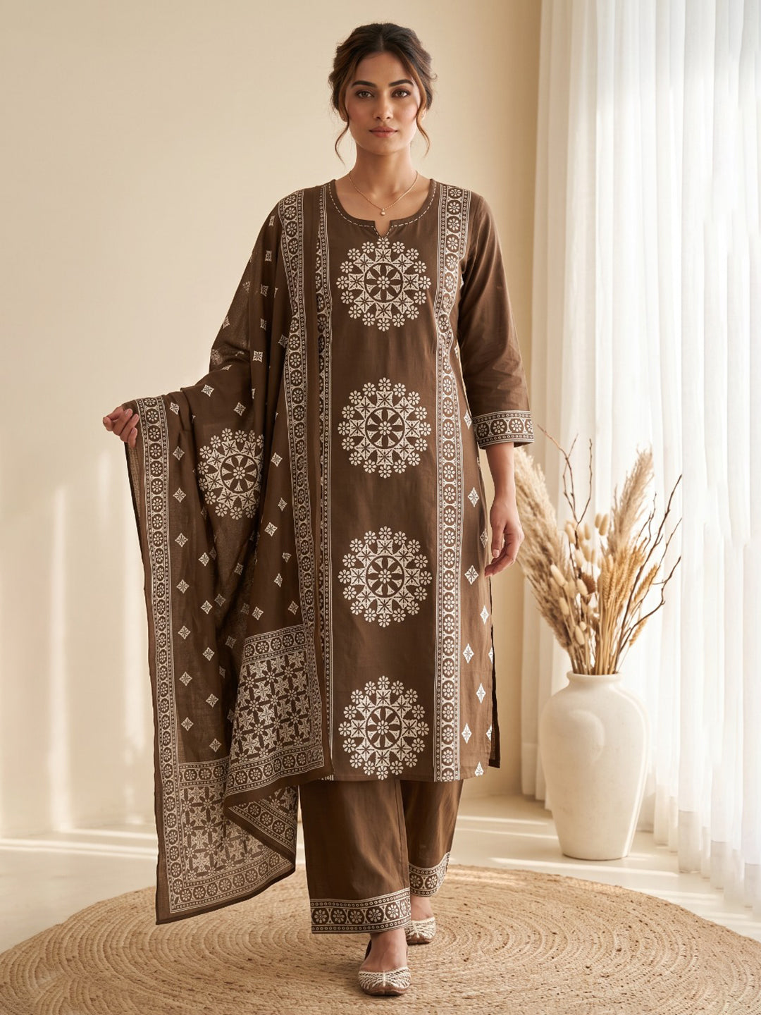 Brown Embroidery Cotton Blend Kurta With Pant & Dupatta