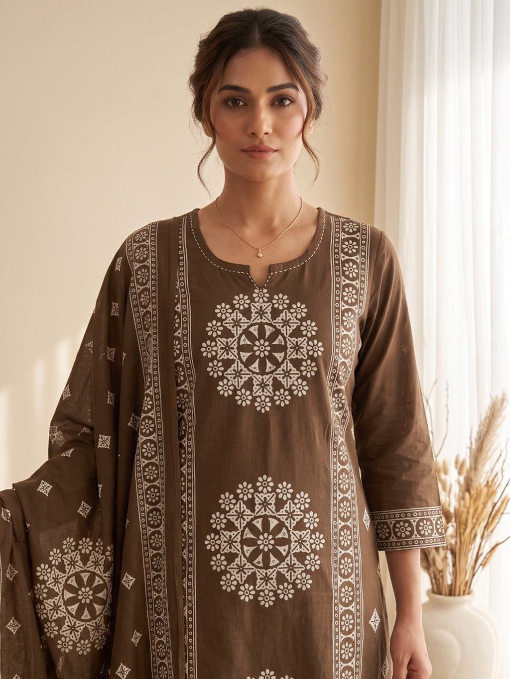 Brown Embroidery Cotton Blend Kurta With Pant & Dupatta