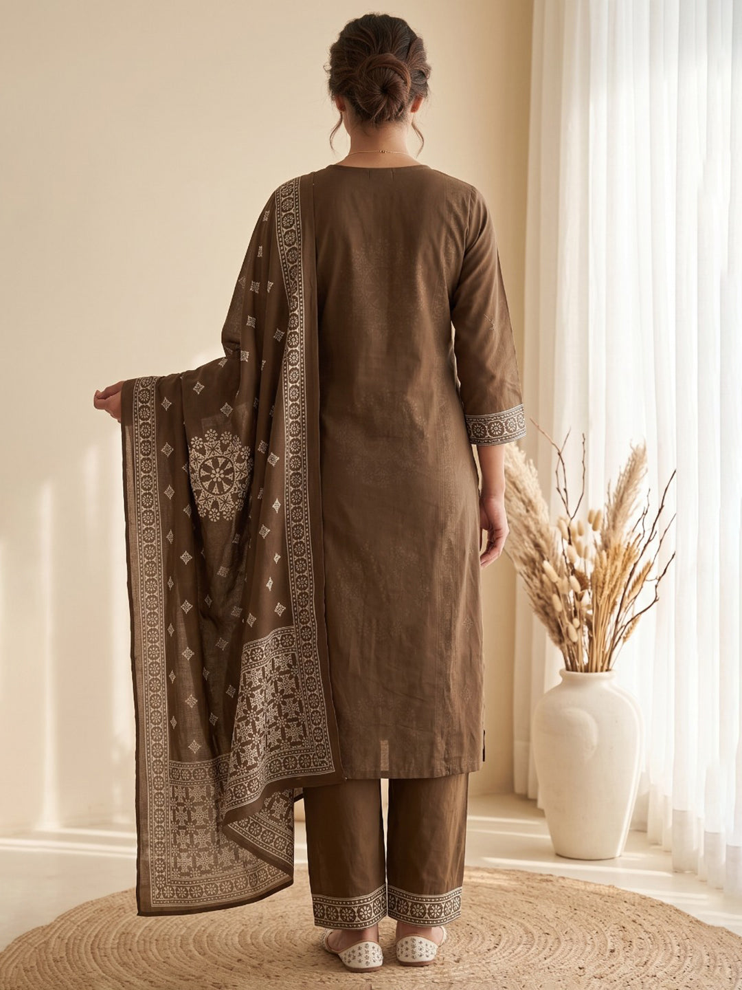 Brown Embroidery Cotton Blend Kurta With Pant & Dupatta