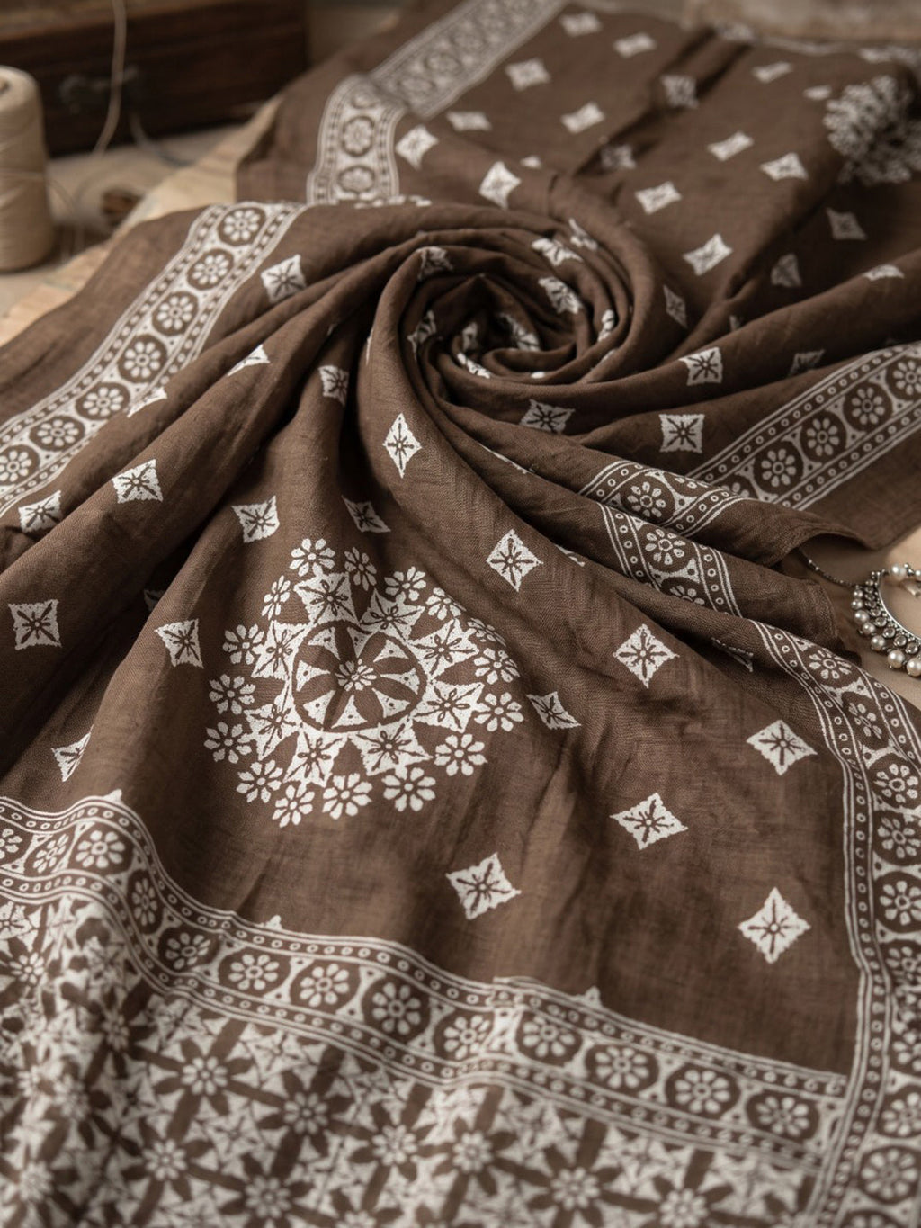 Brown Embroidery Cotton Blend Kurta With Pant & Dupatta